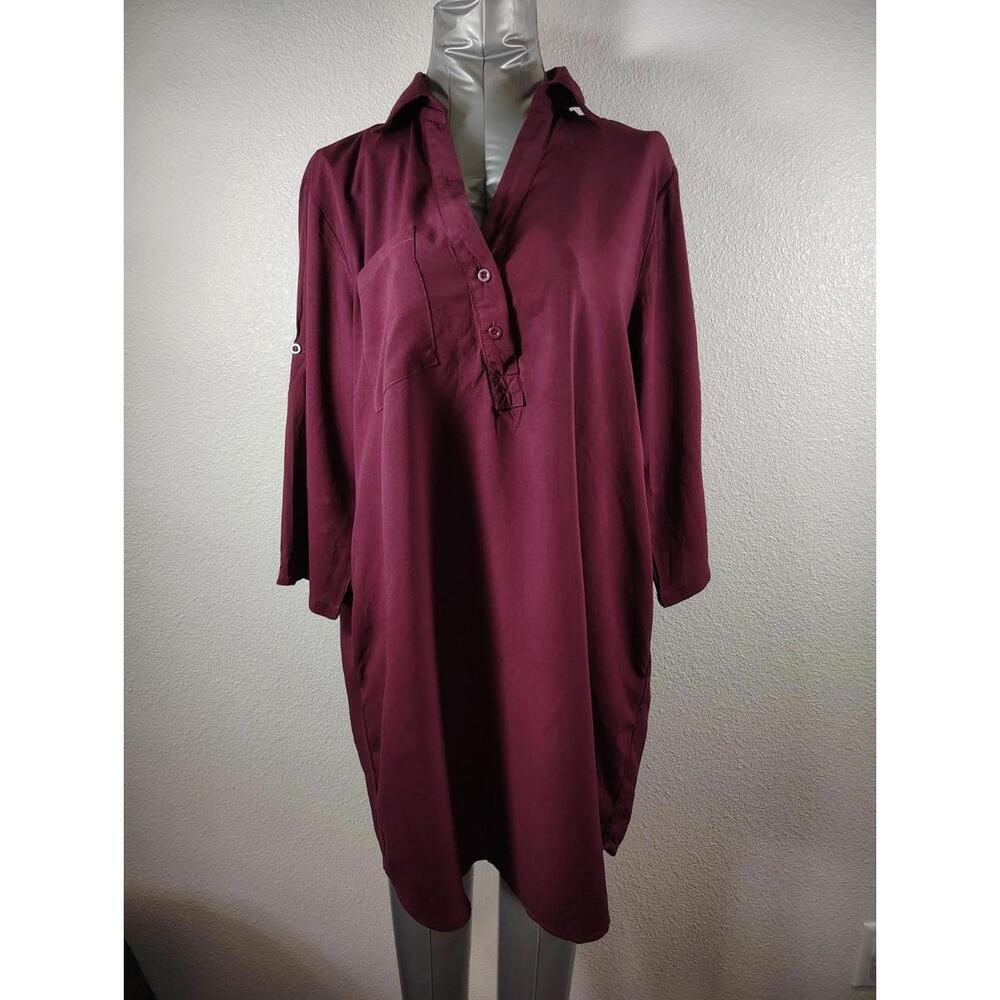 Tunic Shirt Dress Maroon 3/4 Adjustable Sleeve Buttons 3 Pockets, Size M